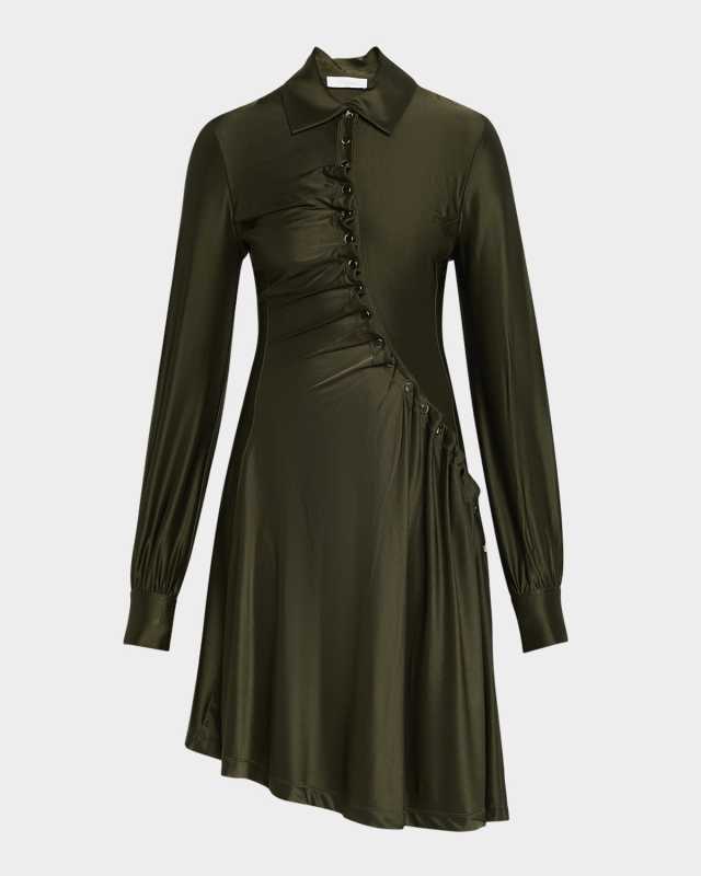 Ruched Button Long-Sleeve Mini Shirtdress